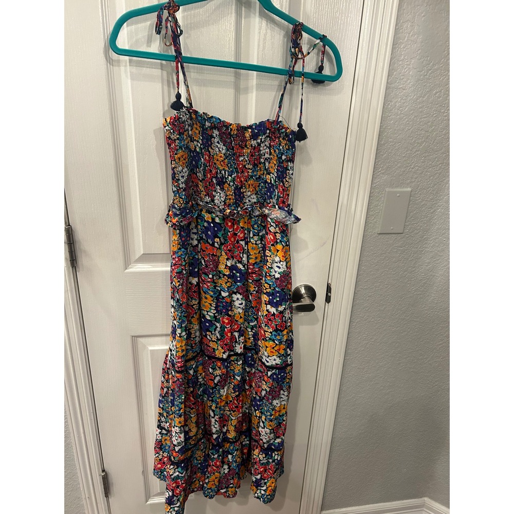 Lost + Wander Midi Dress Multicolor Floral Smocked Tiered Tasselโ Tie Strap XS